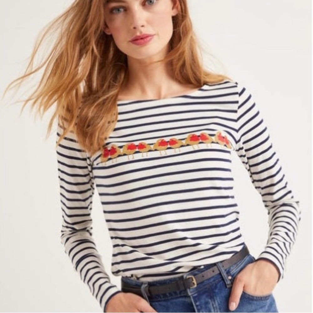 Boden Striped Long Sleeve Top Egg Chicks Glitter Graphic 2 Christmas Breton